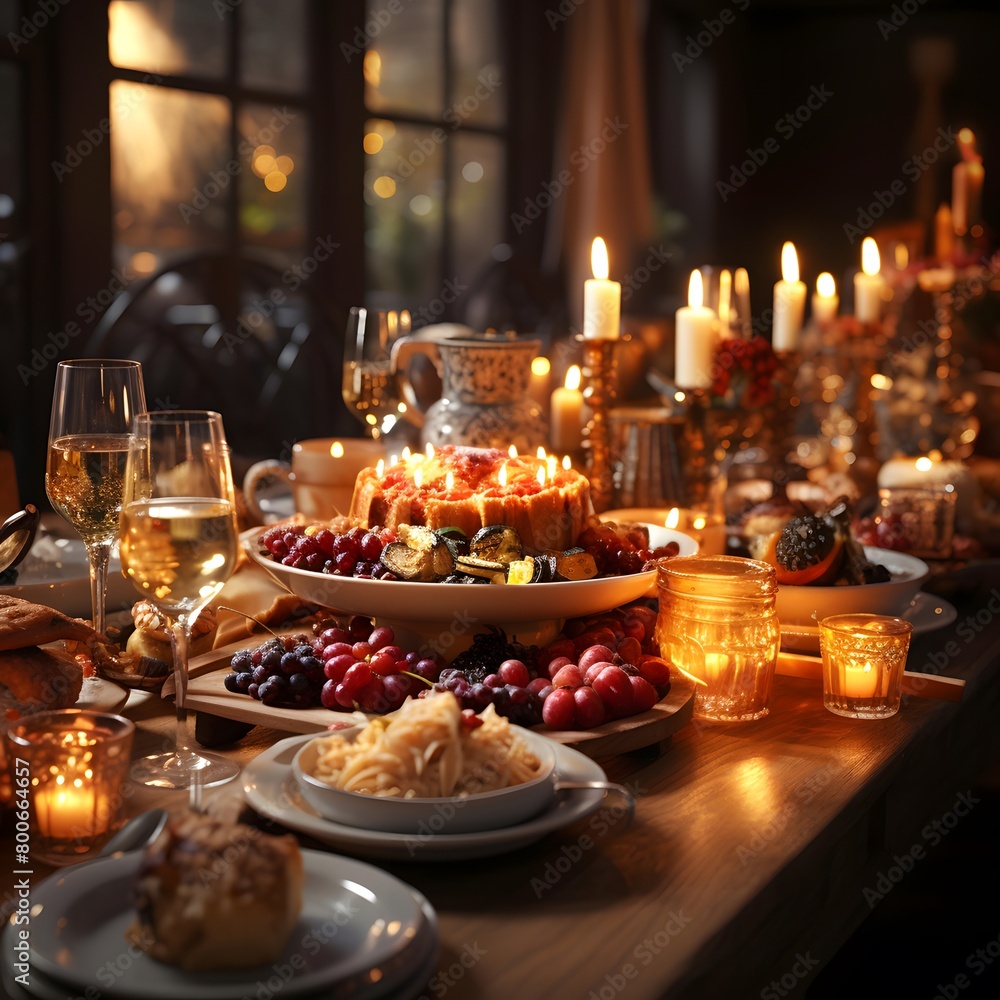 Festive table setting for Christmas or New Year dinner. Festive table decoration with candles and fruits.