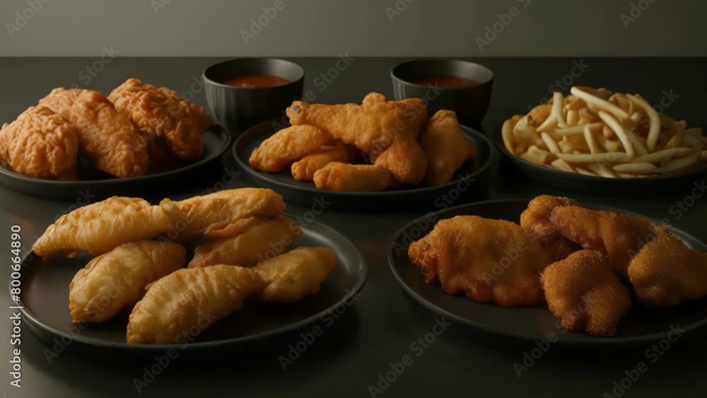 A table with a variety of fried foods including chicken, french fries A table with a variety of fried foods including chicken, french fries