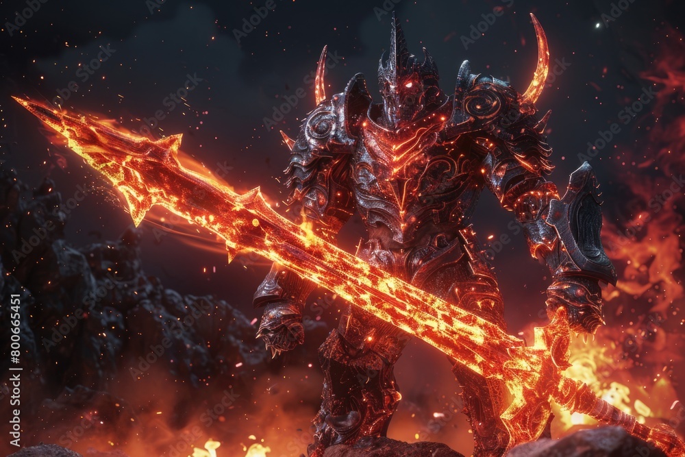 A man in armor holding a sword in front of a blazing fire. Perfect for historical or fantasy themed projects A man in armor holding a sword in front of a blazing fire. Perfect for historical or fantasy themed projects