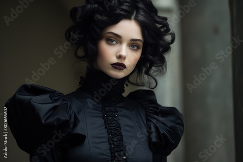 Elegant woman in black dress with dark makeup