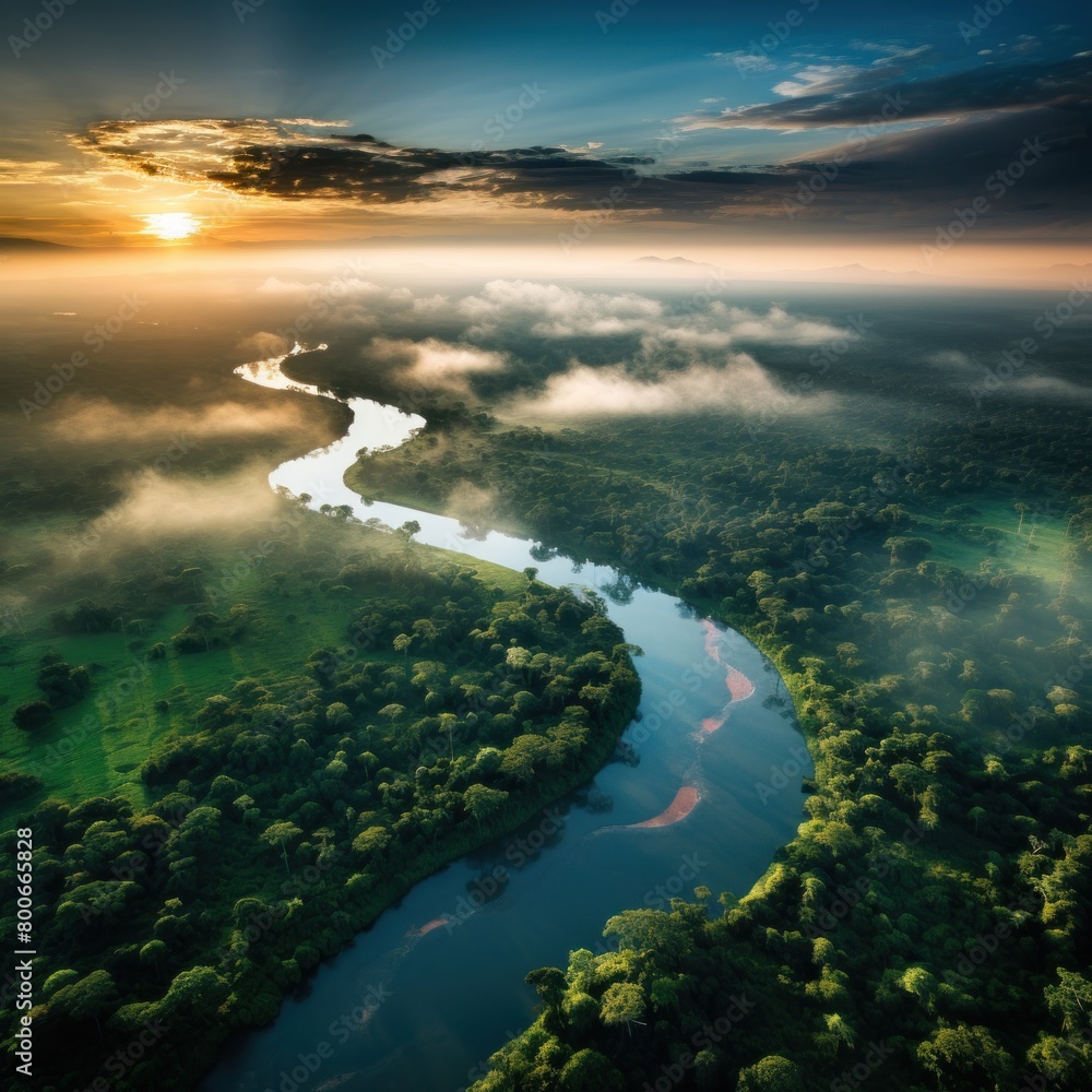 Aerial view of a winding river through lush green forest at sunset