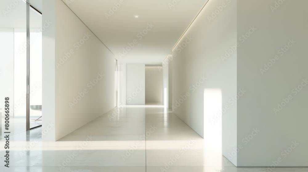 wide empty white walls in a hallway in a modern office with bright natural light and neutral tones wide empty white walls in a hallway in a modern office with bright natural light and neutral tones
