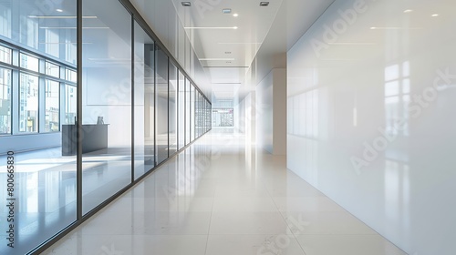 wide empty white walls in a hallway in a modern office with bright natural light and neutral tones