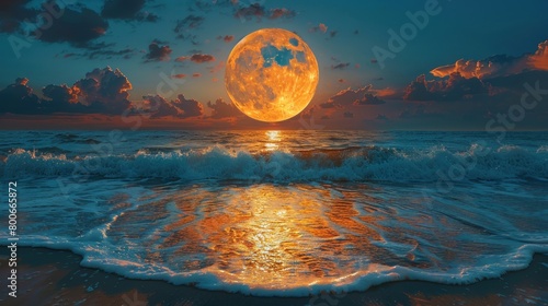 Full moon at night over the sea with ocean waves on isolated sandy beach