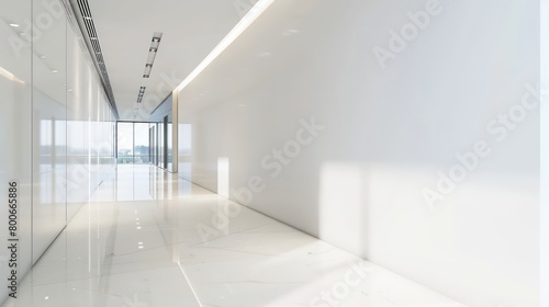 wide empty white walls in a hallway in a modern office with bright natural light and neutral tones