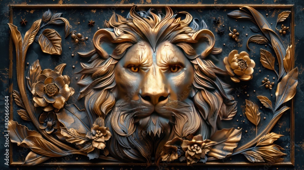 3D print design for interior, , wallpaper, canvas. Golden lion on beautiful black texture background. Beautiful animal lion oil canvas frame painting. 3D print design for interior, , wallpaper, canvas. Golden lion on beautiful black texture background. Beautiful animal lion oil canvas frame painting.