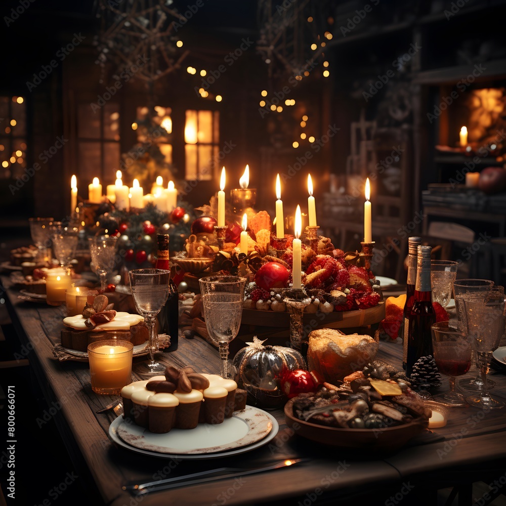Beautiful Christmas table with candles and candlesticks. Selective focus.