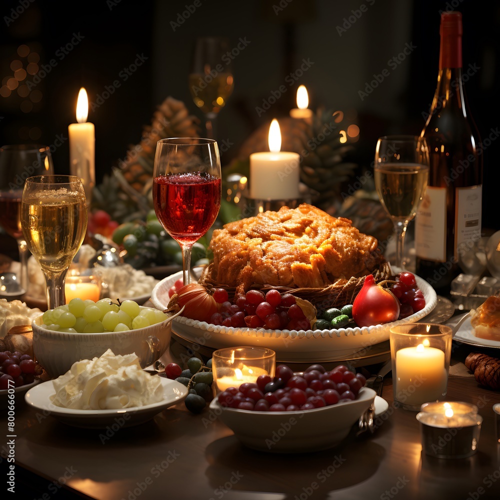 Traditional christmas table with food and wine in the dark. Selective focus.
