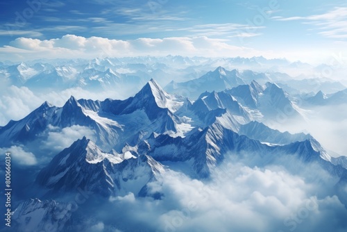 Majestic snow-capped mountain peaks in the clouds