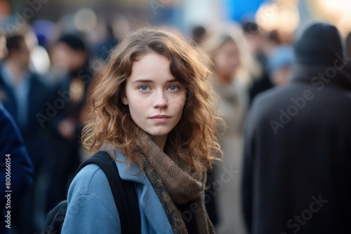 Thoughtful young woman in crowd