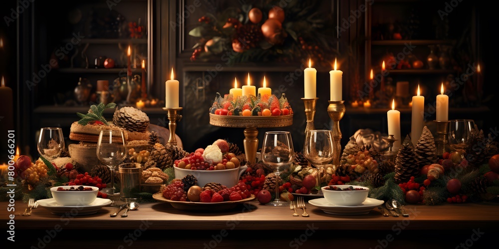 Christmas table with a variety of sweets, candlesticks, candles and Christmas decorations