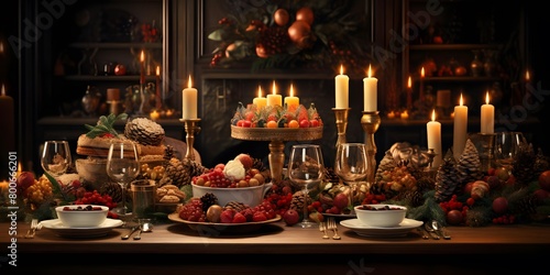 Christmas table with a variety of sweets  candlesticks  candles and Christmas decorations
