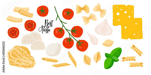 Italian pasta. Different types of pasta and different ingredients for sauces. Popular recipes. Nutrient vector illustration. Traditional Italian Food for Restaurant Menu, shop, packaging, recipes.