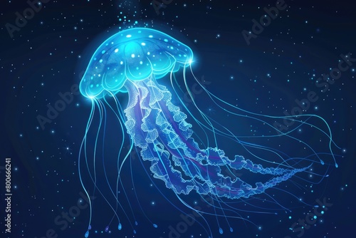 A mesmerizing jellyfish floating in water with stars in the background. Perfect for nature and marine life concepts
