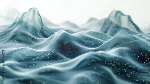 graphic illustration with vibrant, fluid lines in shades of silver, jade and blue with white background