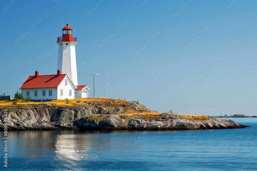 A white lighthouse with a red roof on a rocky island. Suitable for travel and navigation concepts A white lighthouse with a red roof on a rocky island. Suitable for travel and navigation concepts