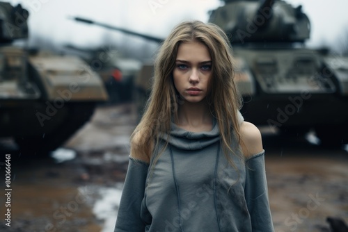 Pensive young woman in gray hoodie standing in front of military vehicles