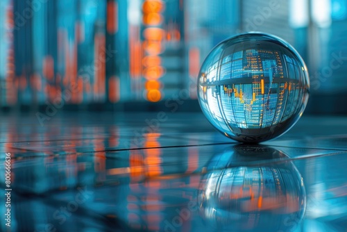 Crystal ball on a reflective surface offers a unique perspective on financial data and stock market graphs.