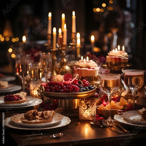 Festive table setting with sweets  candlesticks and candles in the dark