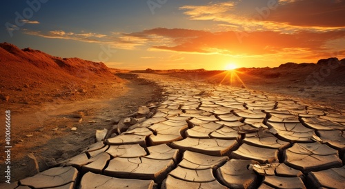 Dramatic Sunset Over Cracked Desert Landscape