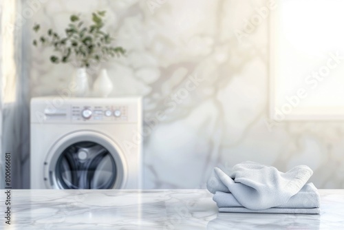 Neatly stacked towels on counter next to washing machine. Perfect for household and laundry themes © Fotograf