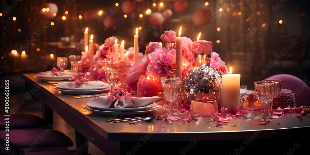 Festive table setting with burning candles and candlesticks in a dark room