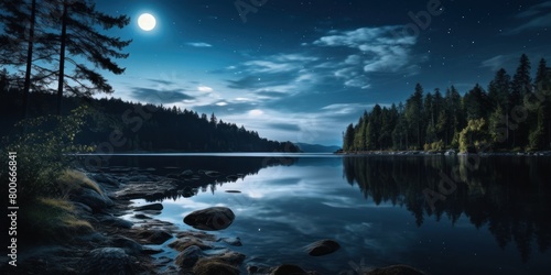 Serene moonlit lake landscape