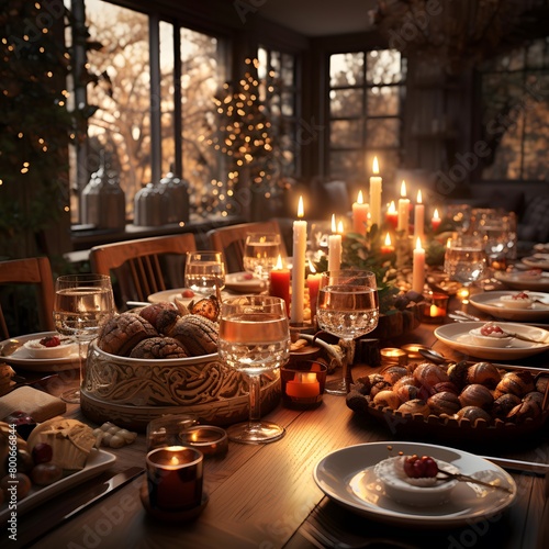 Festive table setting for christmas dinner in the rustic style