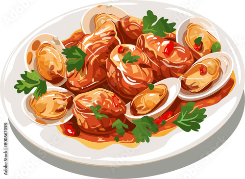 Illustration of a plate of steamed clams on white background