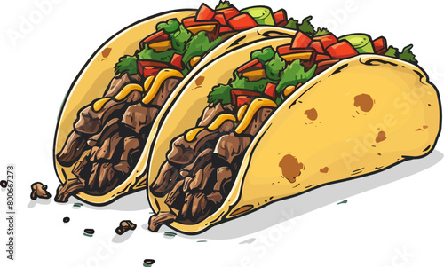 Illustration of two tacos with beef and vegetables on a white background
