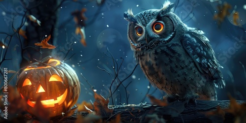 Owl perched on tree branch next to Halloween pumpkin. Suitable for Halloween themed designs