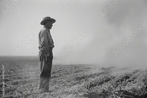 In a monochrome scene, a farmer stands solitary amidst a field, conjuring thoughts of past struggles and resilience photo