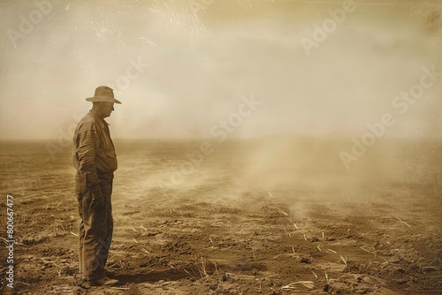 A man in a hat stands alone in a vast field shrouded by dust under a clear sky, evoking themes of solitude and endurance