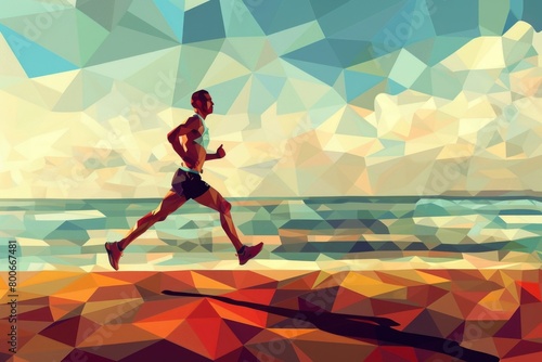 A man running on the beach in a low-poly style. Perfect for sports and fitness concept