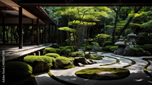 Serene Japanese garden with lush greenery and flowing stream