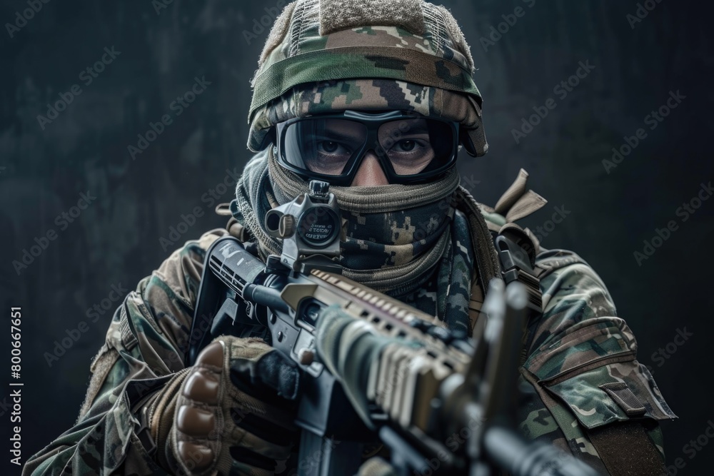 A man in camouflage holding a machine gun. Suitable for military and security concepts A man in camouflage holding a machine gun. Suitable for military and security concepts