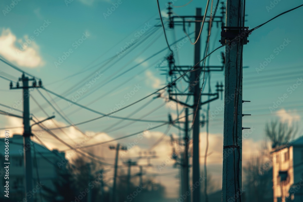 A typical urban street scene with power lines and telephone poles. Suitable for urban infrastructure concepts A typical urban street scene with power lines and telephone poles. Suitable for urban infrastructure concepts