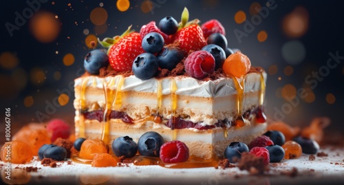 Delicious layered dessert with fresh berries and honey drizzle