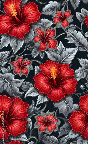 vector illustration, repeating wallpaper pattern, seamless pattern of stylized hibiscus with floral tiles, background for smartphone, background for printing and decoration, © Perecciv