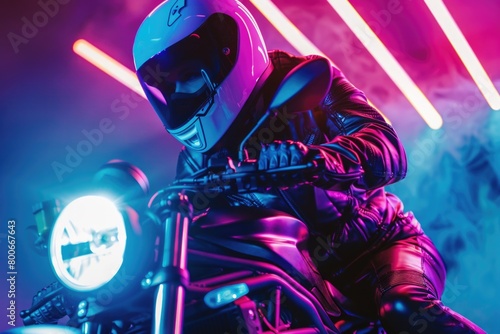 A man in a leather jacket and helmet riding a motorcycle. Perfect for automotive or adventure-themed designs