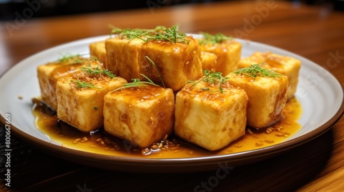 Delicious braised tofu cubes with aromatic herbs
