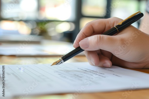 A detailed close-up of a person's hand poised to sign an official document with a fountain pen