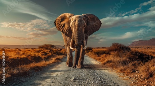 Big African Elephant on the gravel road with blue sky