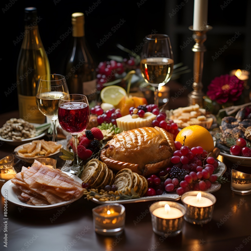 Festive table with a turkey, wine, snacks and candles.