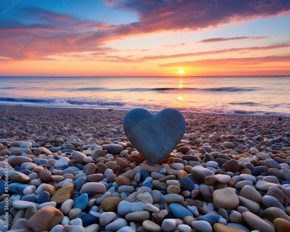 Fototapeta premium Romantic sunset on the beach with heart-shaped stone