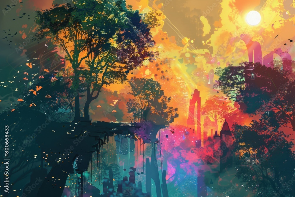 Digital painting of a city with trees, suitable for urban and nature themes