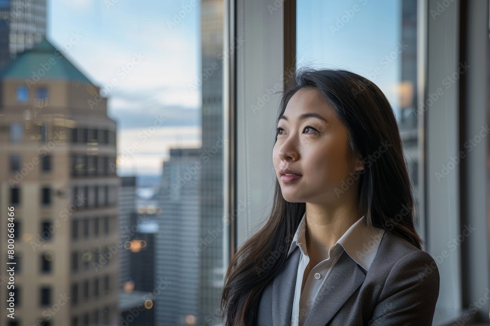 Fototapeta premium Young Asian businesswoman in professional attire, looking out of a high-rise office window