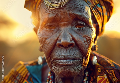 a portrait of an elderly african woman dressed in traditional dress