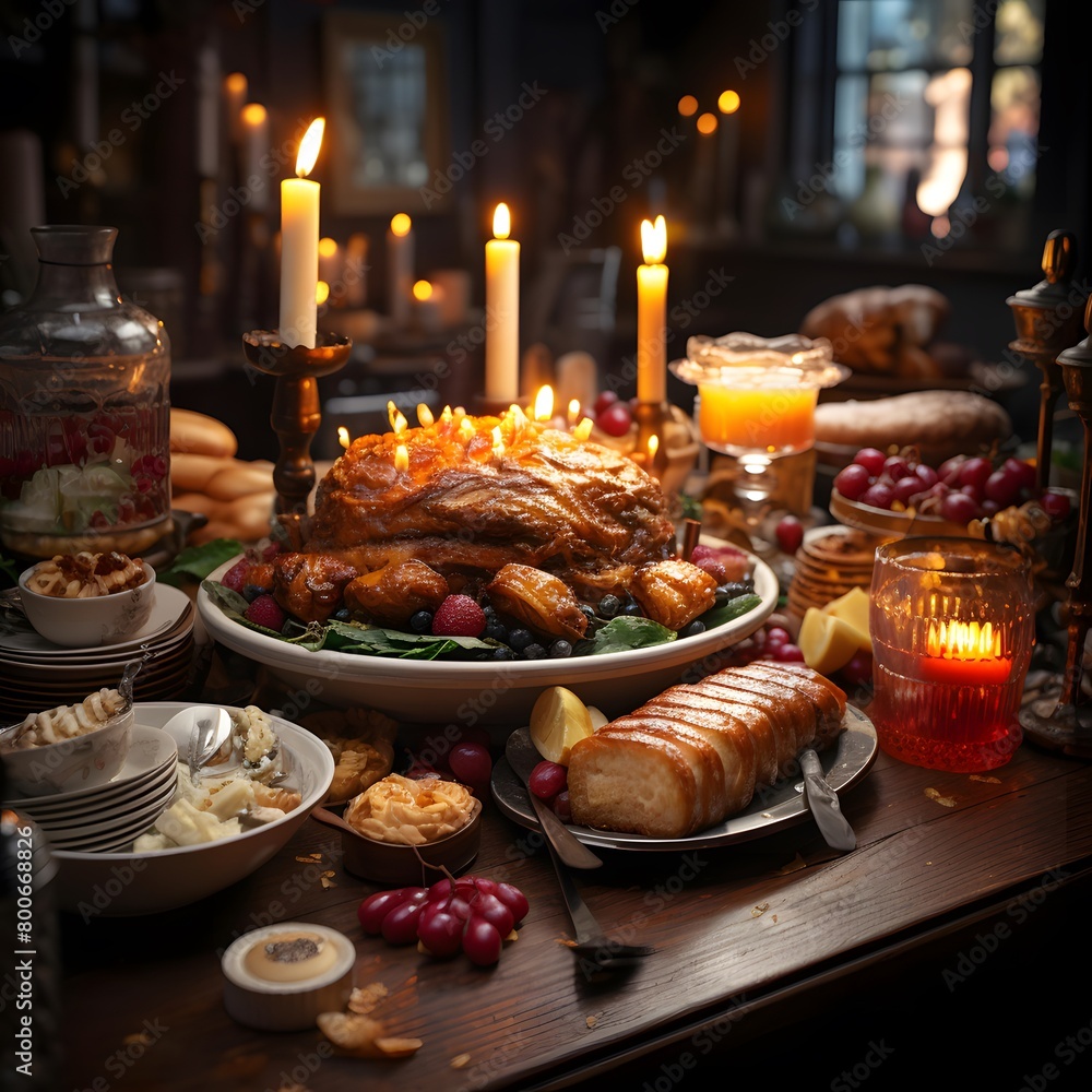 Traditional christmas dinner with turkey on wooden table. Festive table with food.
