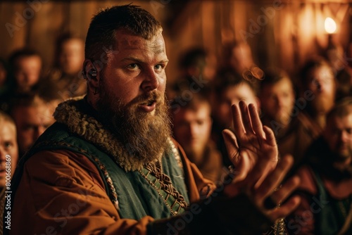 An authoritative Viking chief addresses his followers with intensity during a gathering or planning photo